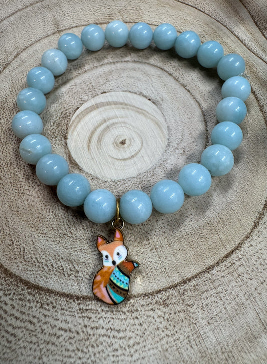 Bracelet de pierres semi-précieuses d'Amazonite avec breloque de renard roux Boutique Poilue & Co.