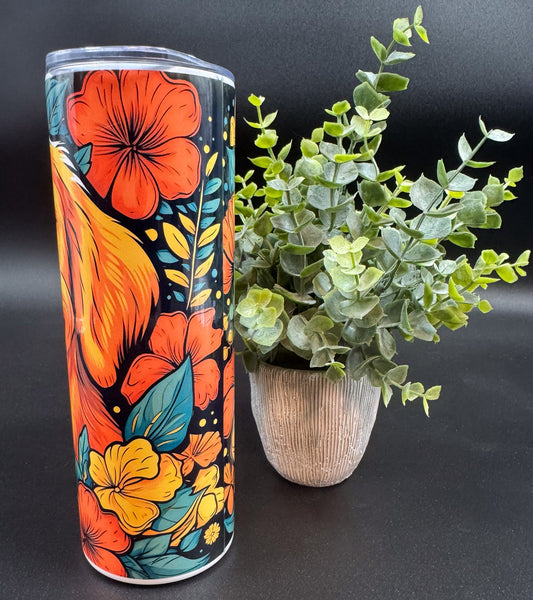 Bouteille isotherme avec visage de Golden sur fond de fleur Boutique Poilue & Co.