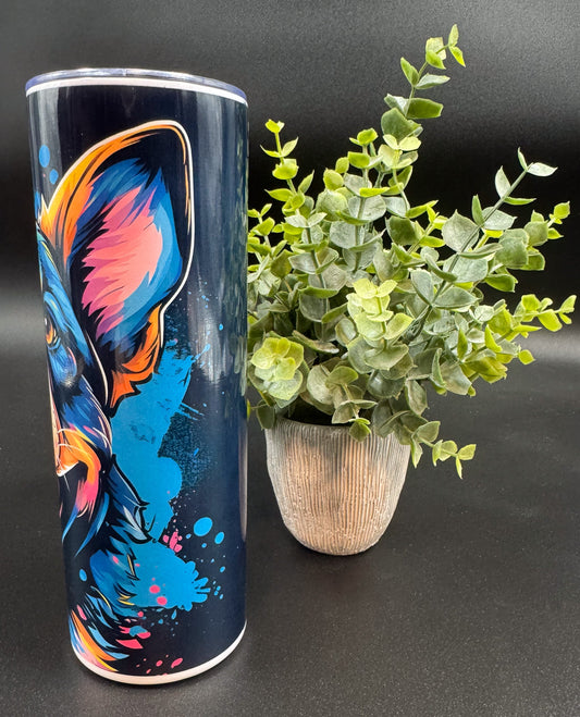 Bouteille isotherme avec visage de chien brun et bleu sur fond de splash de peinture Boutique Poilue & Co.