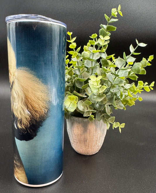 Bouteille isotherme avec un visage de Caniche sur fond bleu Boutique Poilue & Co.