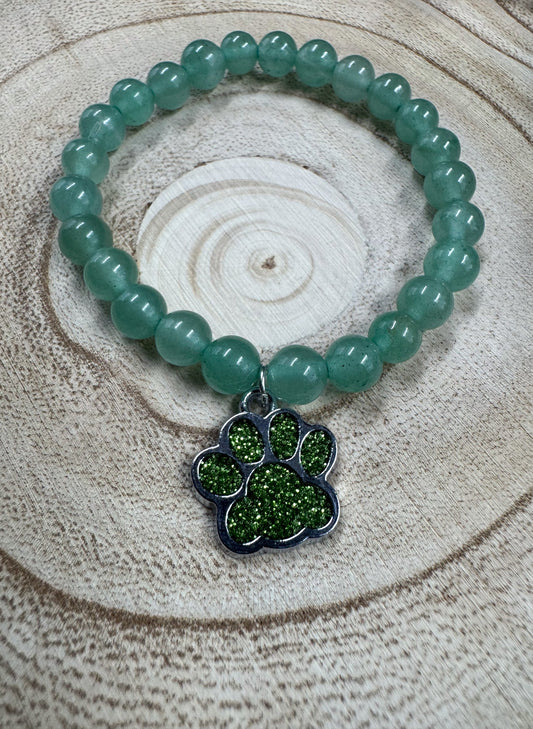 Bracelet de pierres semi-précieuses d'Aventurine avec breloque de patte verte Boutique Poilue & Co.