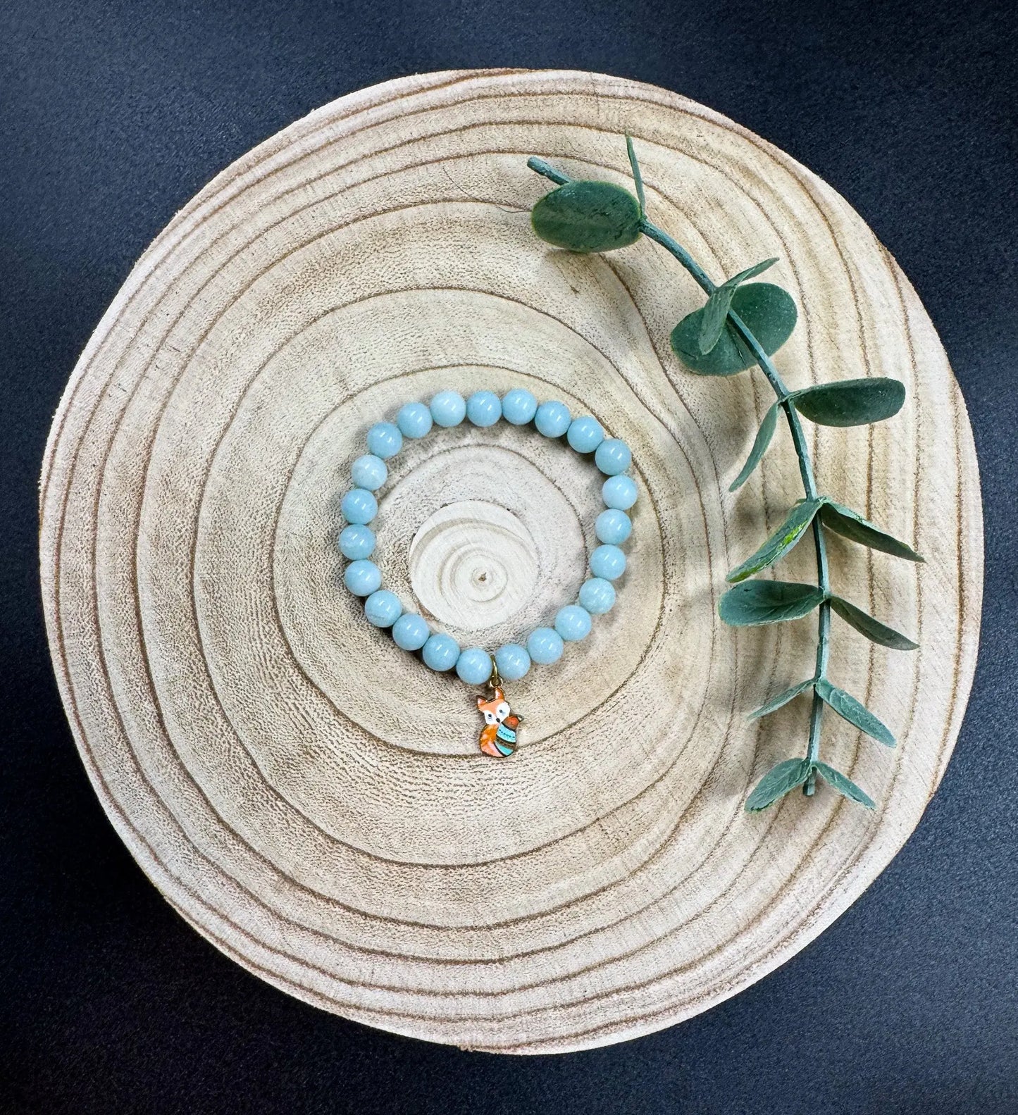 Bracelet de pierres semi-précieuses d'Amazonite avec breloque de renard roux Boutique Poilue & Co.