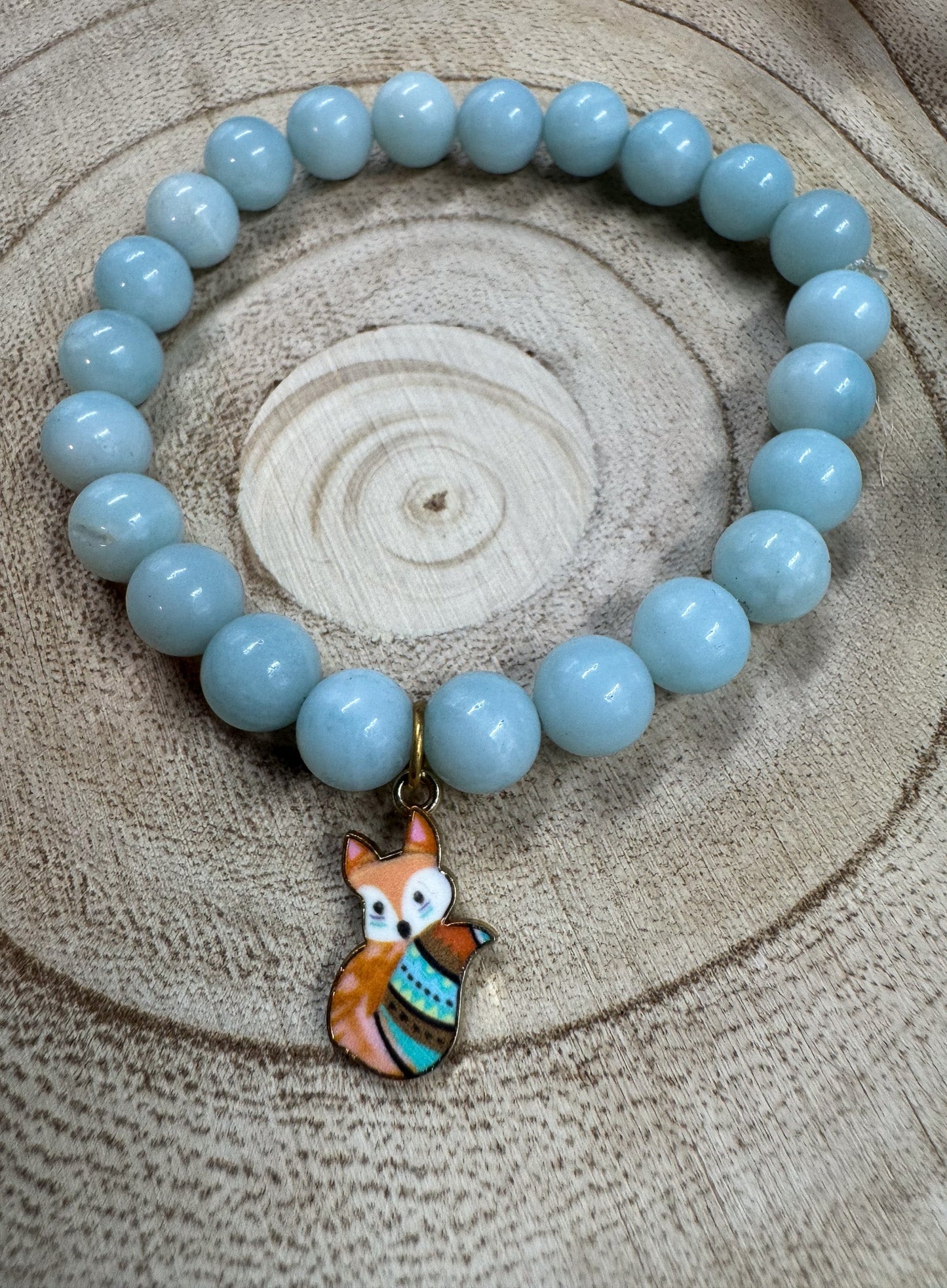 Bracelet de pierres semi-précieuses d'Amazonite avec breloque de renard roux Boutique Poilue & Co.