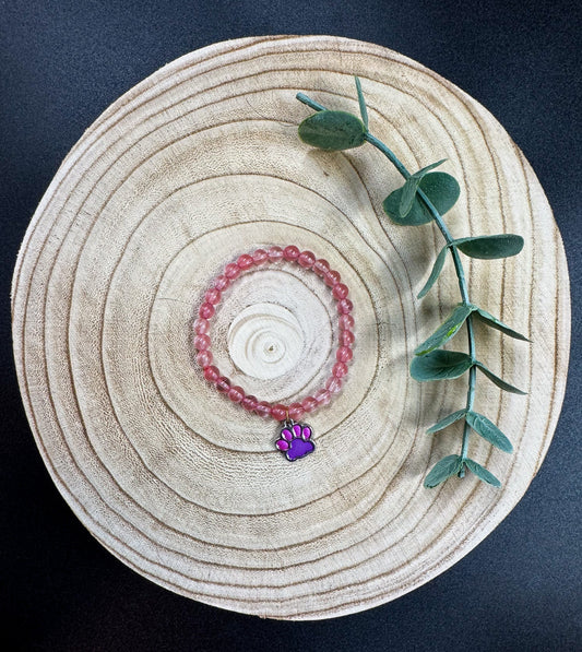 Bracelet de pierres semi-précieuses de Quartz avec breloque de patte d'animal rose et mauve Boutique Poilue & Co.