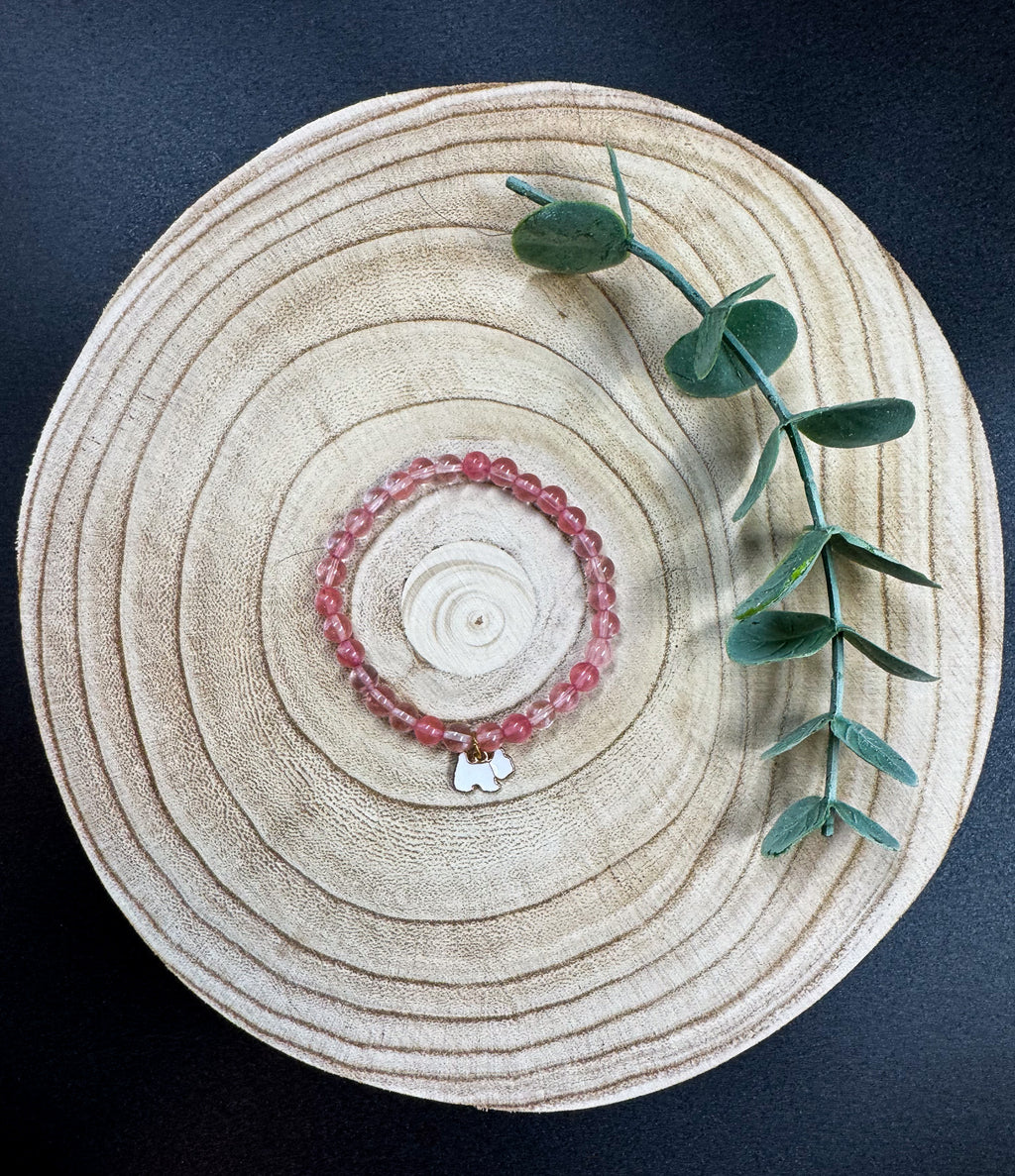 Bracelet de pierres semi-précieuses de Quartz avec breloque de Shitzu blanc