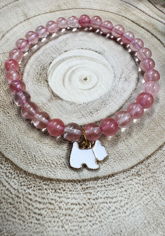 Bracelet de pierres semi-précieuses de Quartz avec breloque de Shitzu blanc Boutique Poilue & Co.