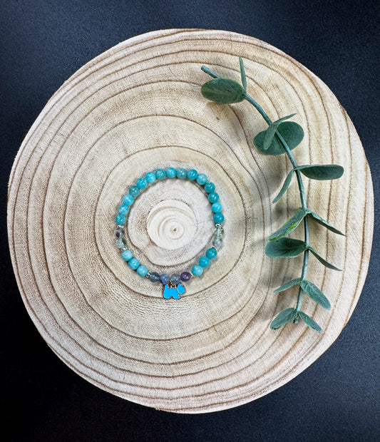 Bracelet de pierres semi-précieuses d'Amazonite Mozambique et de Fluorite avec une breloque de Shitzu bleu Boutique Poilue & Co.