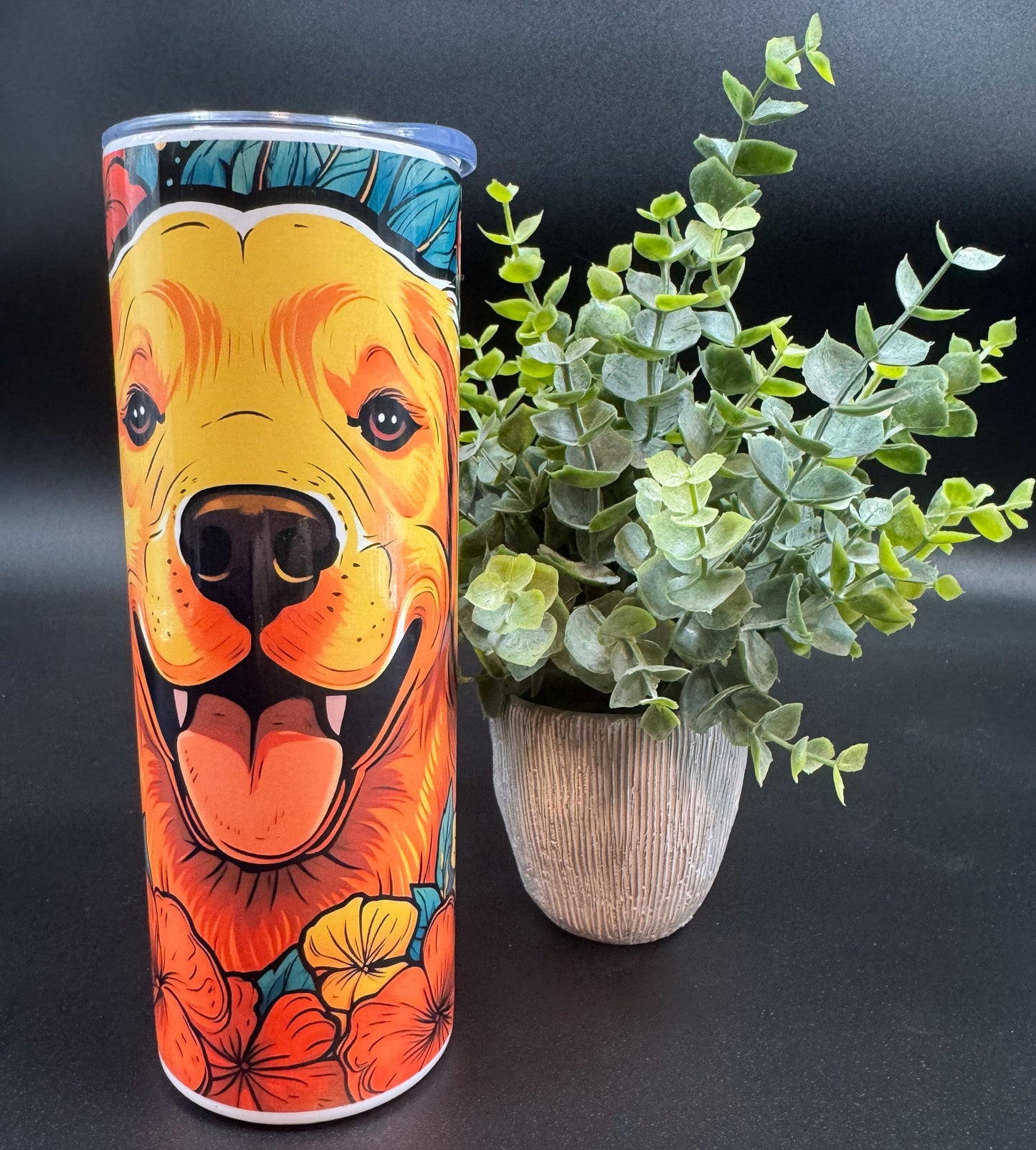 Bouteille isotherme avec visage de Golden sur fond de fleur Boutique Poilue & Co.