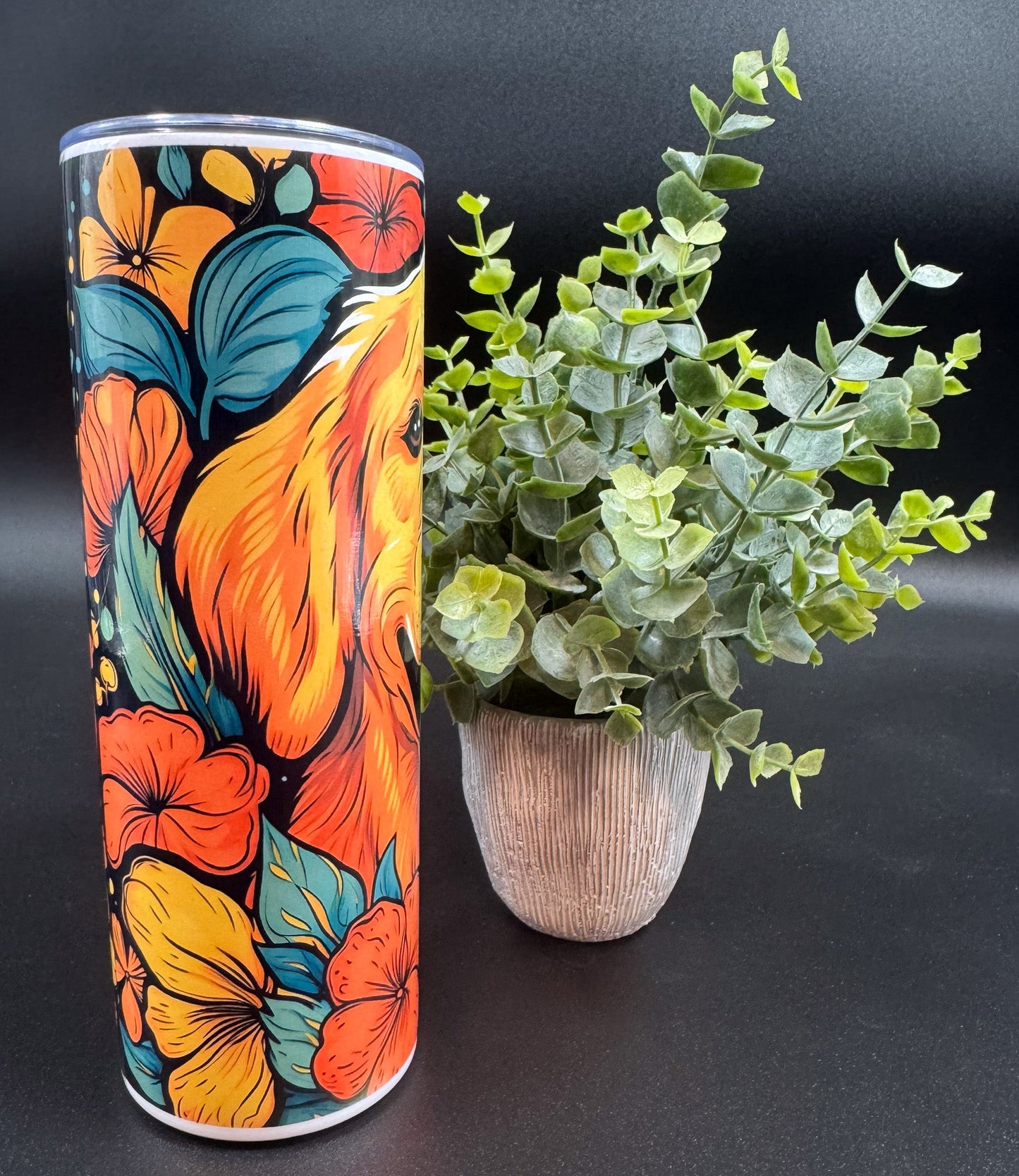 Bouteille isotherme avec visage de Golden sur fond de fleur Boutique Poilue & Co.