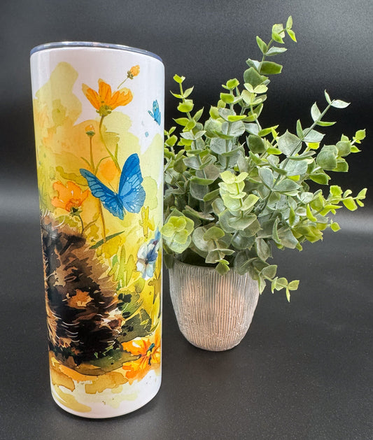 Bouteille isotherme avec un chat sur fond d'aquarelle et papillons Boutique Poilue & Co.