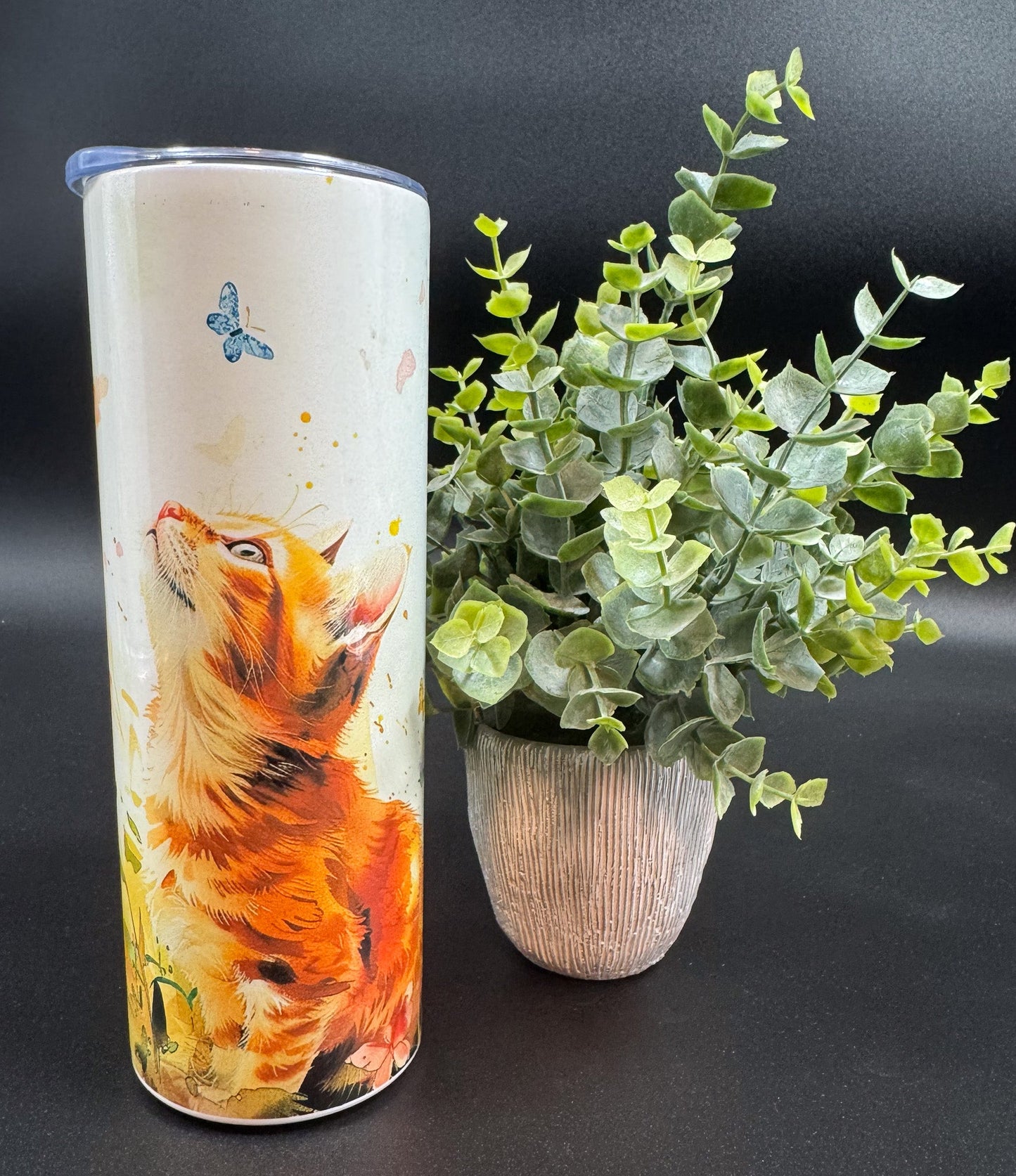 Bouteille isotherme avec chat sur fond blanc et papillons Boutique Poilue & Co.