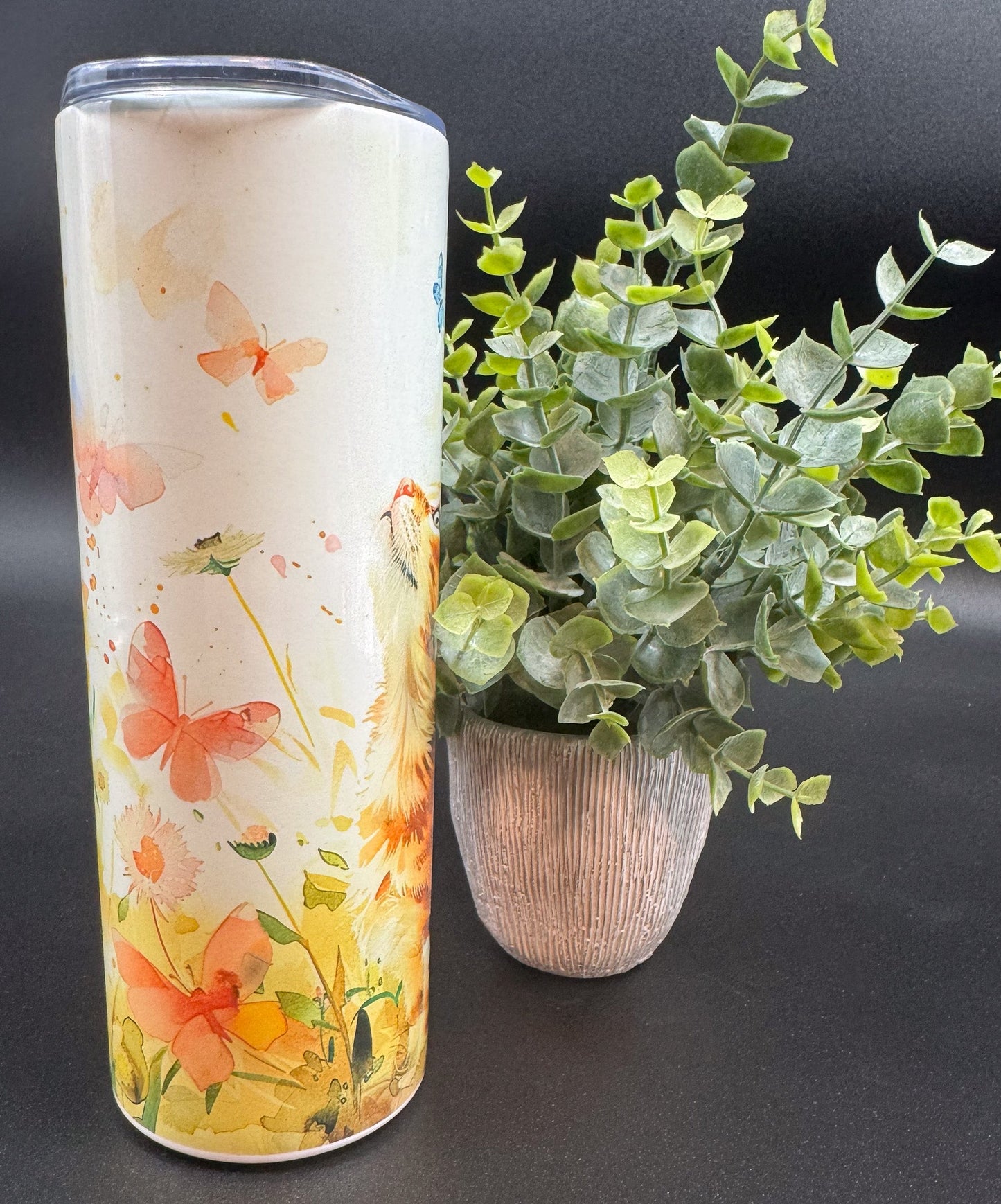 Bouteille isotherme avec chat sur fond blanc et papillons Boutique Poilue & Co.