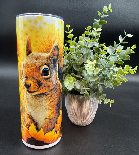Bouteille isotherme avec écureuil sur fon de tournesol Boutique Poilue & Co.
